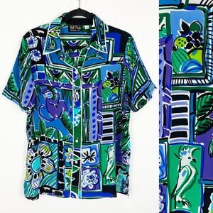 VTG Bob Mackie Silk Blouse S Jungle Print Purple Blue Designer Glam Artwear Top